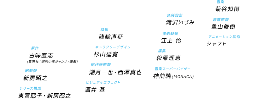 
      原作：古味直志
      (集英社「週刊少年ジャンプ」連載)
      総監督：新房昭之
      シリーズ構成：東冨耶・新房昭之
      監督：龍輪直征
      キャラクターデザイン：杉山延寛
      総作画監督：潮月一也・西澤真也
      ビジュアルエフェクト：酒井 基
      色彩設計：滝沢いづみ
      撮影監督：江上 怜
      編集：松原理恵
      音楽スーパーバイザー：神前 暁(MONACA)
      音楽：菊谷知樹
      音響監督：亀山俊樹
      アニメーション制作：シャフト